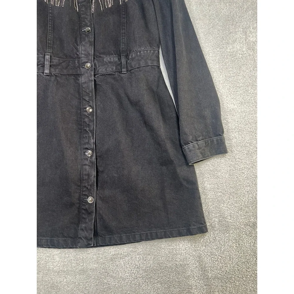 Zara Black Denim Mini Dress Rhinestone Fringe Western Cowgirl Button Front M